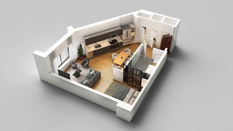 an open floor plan with a kitchen and living room